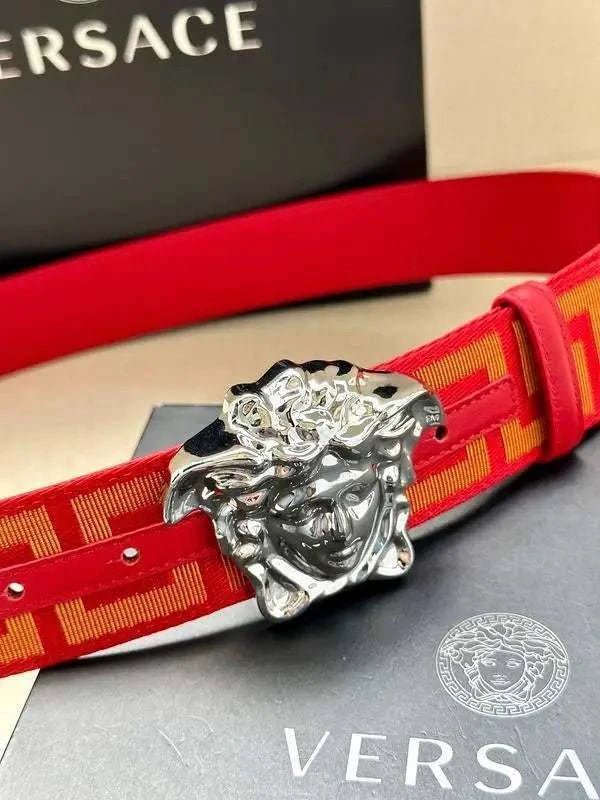 VERSACE La Medusa La Greca Belt In Red Silver - Maven Couture Inc