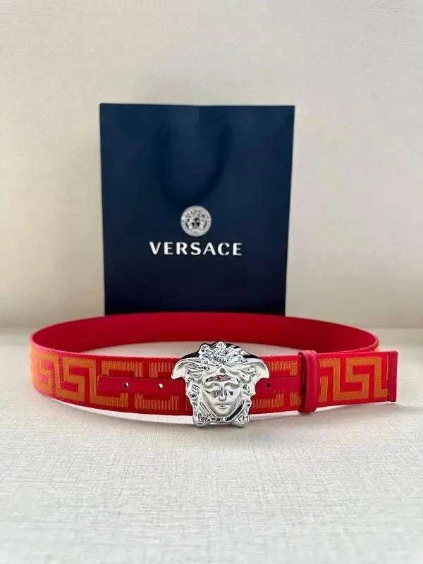 VERSACE La Medusa La Greca Belt In Red Silver - Maven Couture Inc