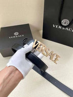 Versace Women's Leather Logo Decorated Buckle Belt - Maven Couture Inc