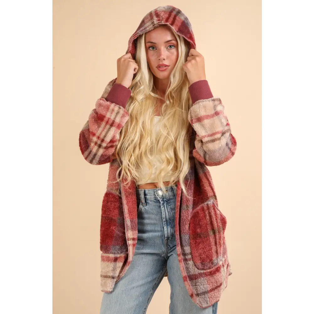 Elevate your wardrobe with the fuzzy plaid hooded jacket in luxury fashion $37.64 introducing the fuzzy plaid long