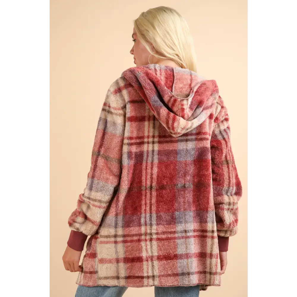 Elevate your wardrobe with the fuzzy plaid hooded jacket in luxury fashion $37.64 introducing the fuzzy plaid long