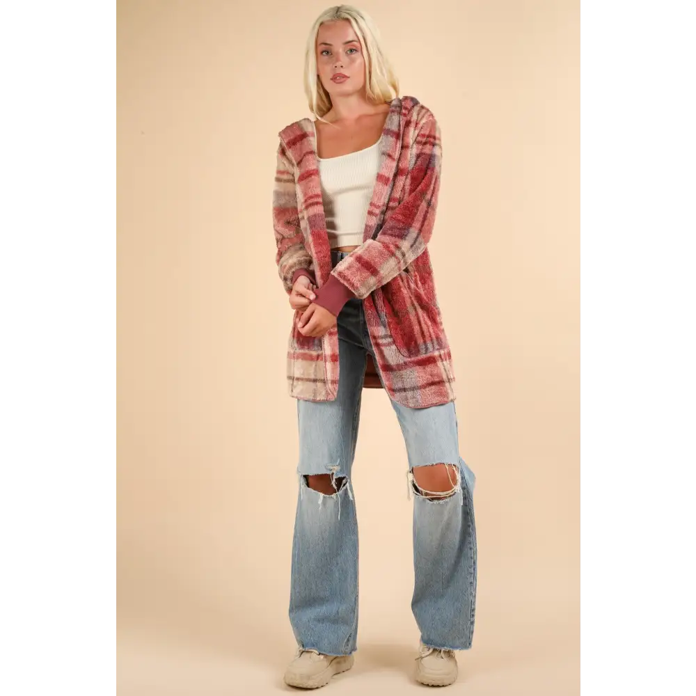 Elevate your wardrobe with the fuzzy plaid hooded jacket in luxury fashion $37.64 introducing the fuzzy plaid long