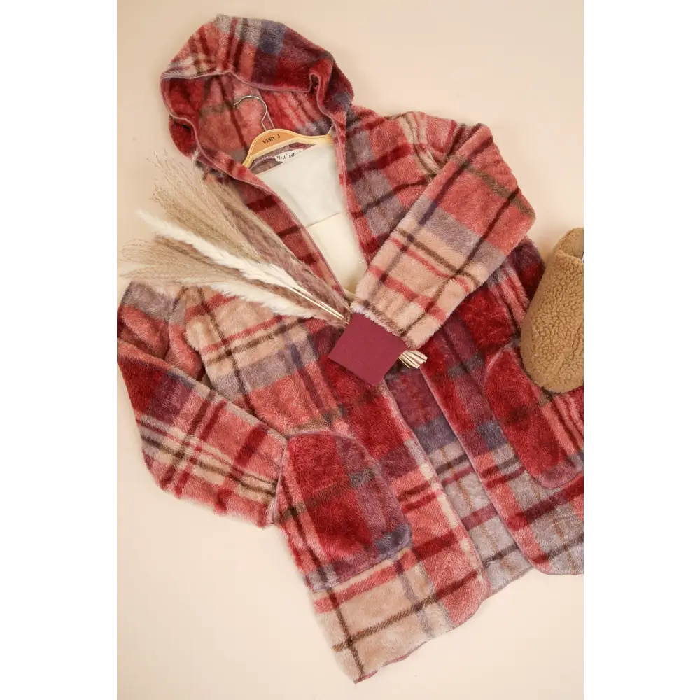 Elevate your wardrobe with the fuzzy plaid hooded jacket in luxury fashion $37.64 introducing the fuzzy plaid long