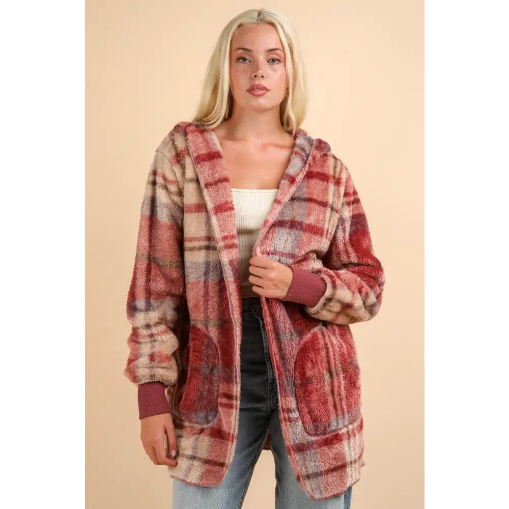 Elevate your wardrobe with the fuzzy plaid hooded jacket in luxury fashion $37.64 introducing the fuzzy plaid long