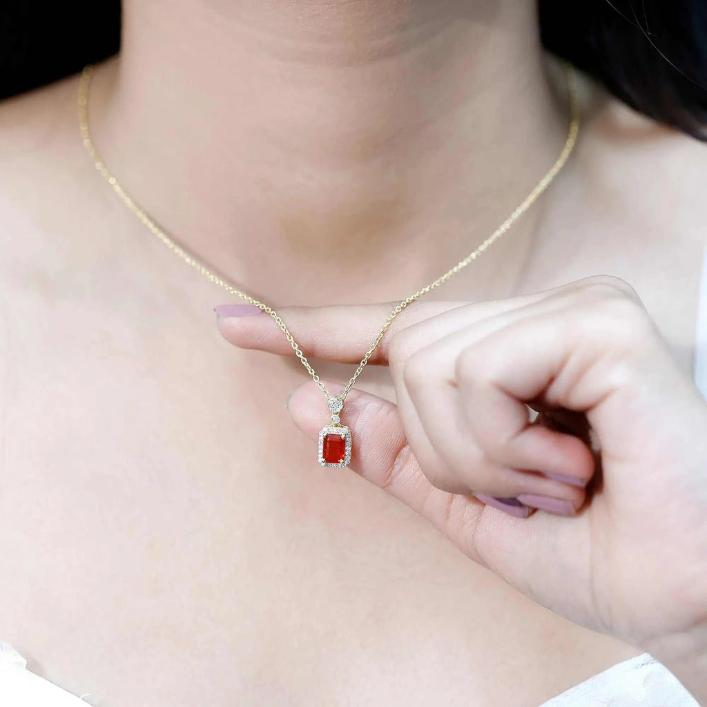 Vintage Style 1 Carat Emerald Cut Fire Opal Necklace with Diamond