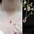 Vintage Style 1 Carat Emerald Cut Fire Opal Necklace with Diamond