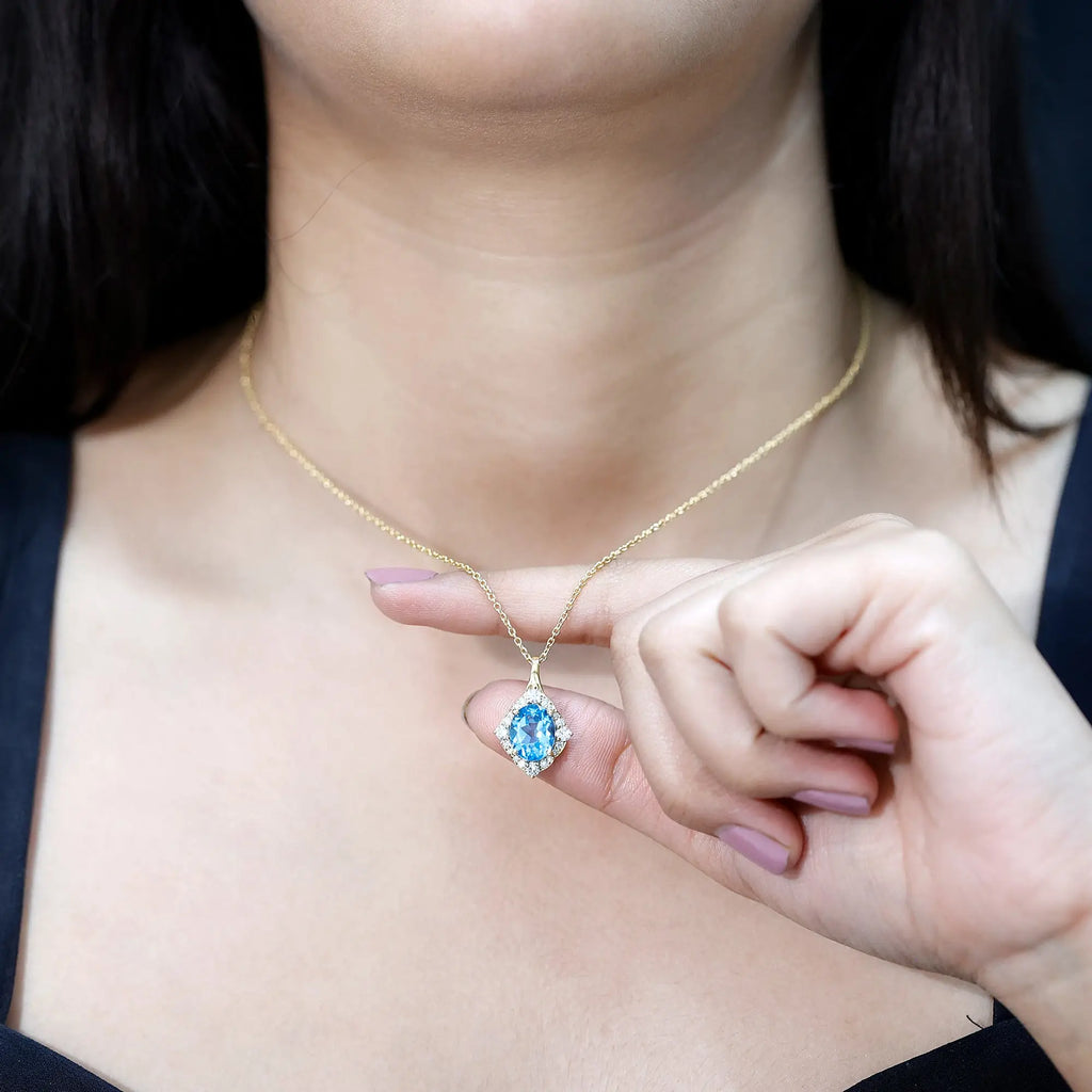 Vintage Style 2.5 Carat Swiss Blue Topaz and Diamond Necklace with Silver Chain