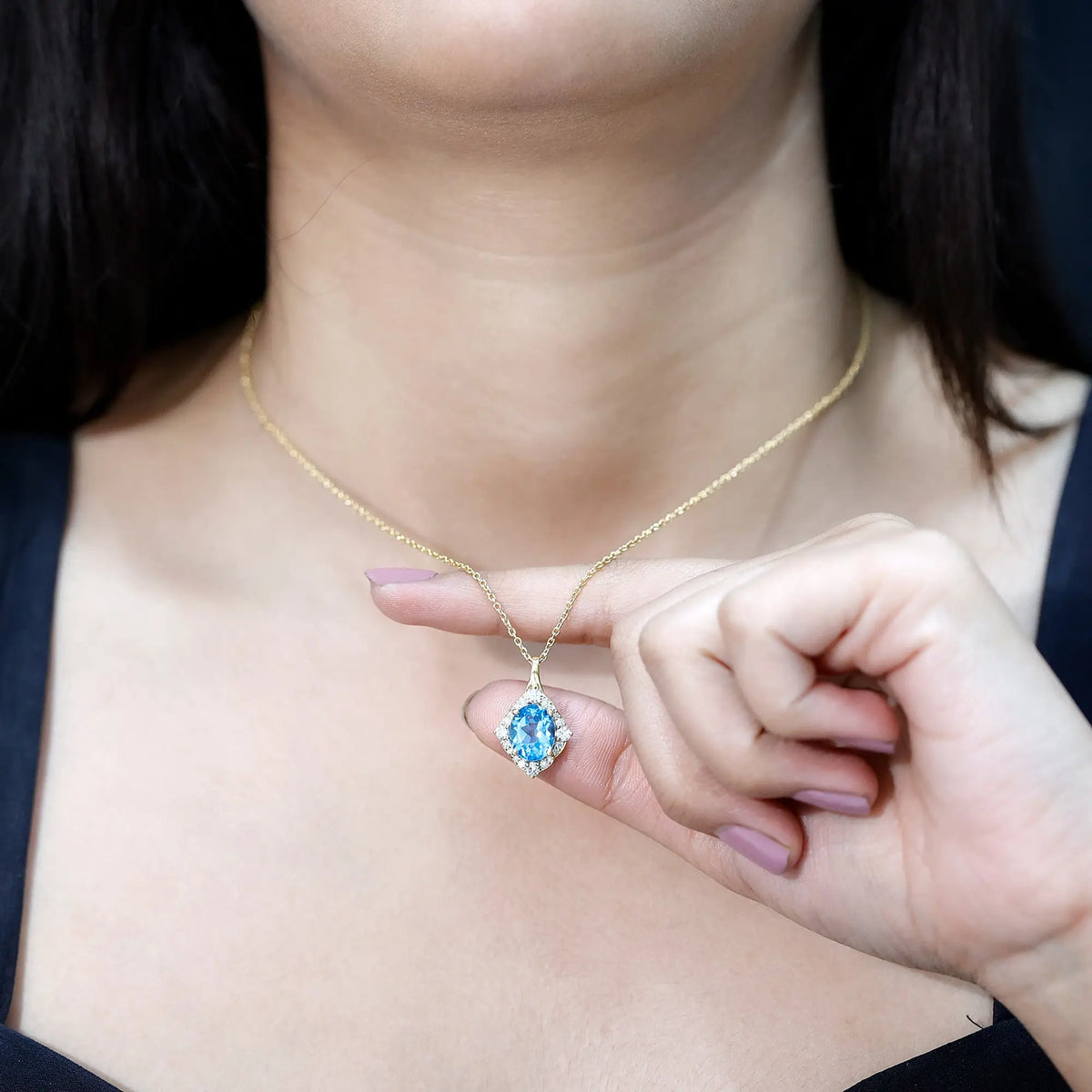 Vintage Style 2.5 Carat Swiss Blue Topaz and Diamond Necklace with Silver Chain