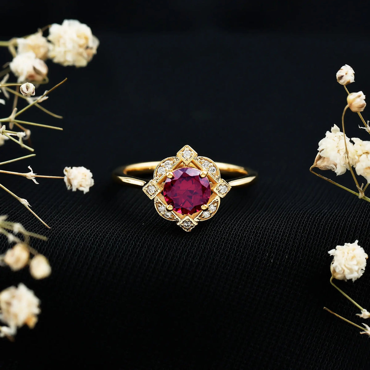 Vintage Style Rhodolite Garnet and Diamond Engagement Ring