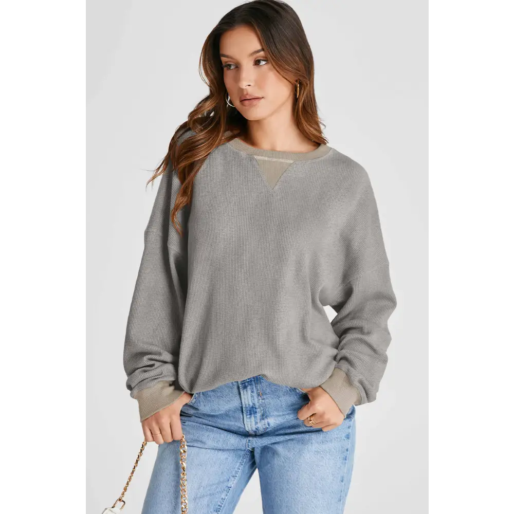 Elevate your wardrobe with this luxury fashion waffle-knit sweatshirt $27.99 this exquisite piece showcases a basic