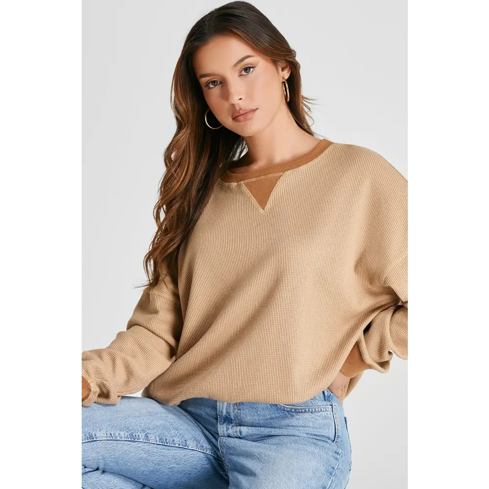 Elevate your wardrobe with this luxury fashion waffle-knit sweatshirt $27.99 this exquisite piece showcases a basic