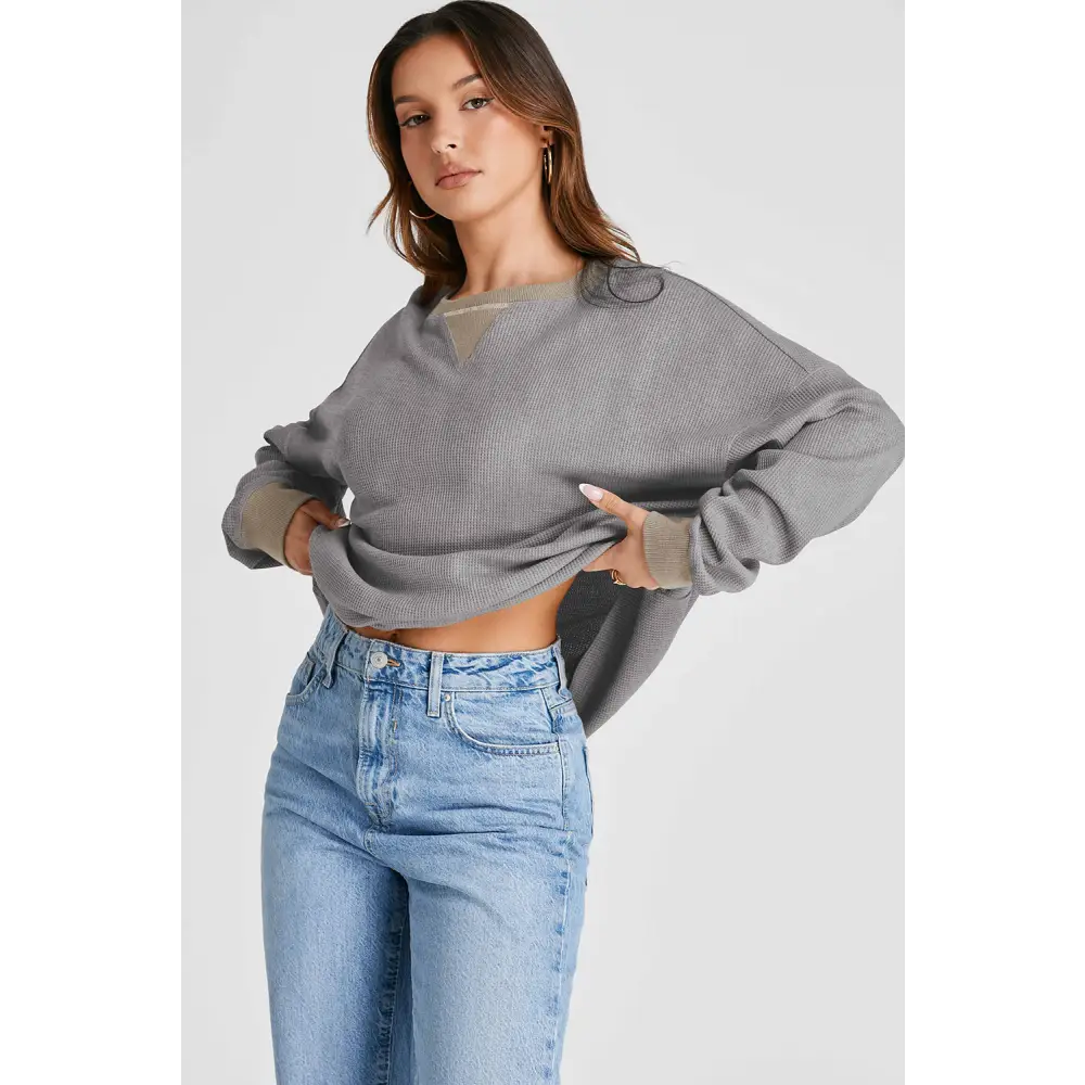 Elevate your wardrobe with this luxury fashion waffle-knit sweatshirt $27.99 this exquisite piece showcases a basic