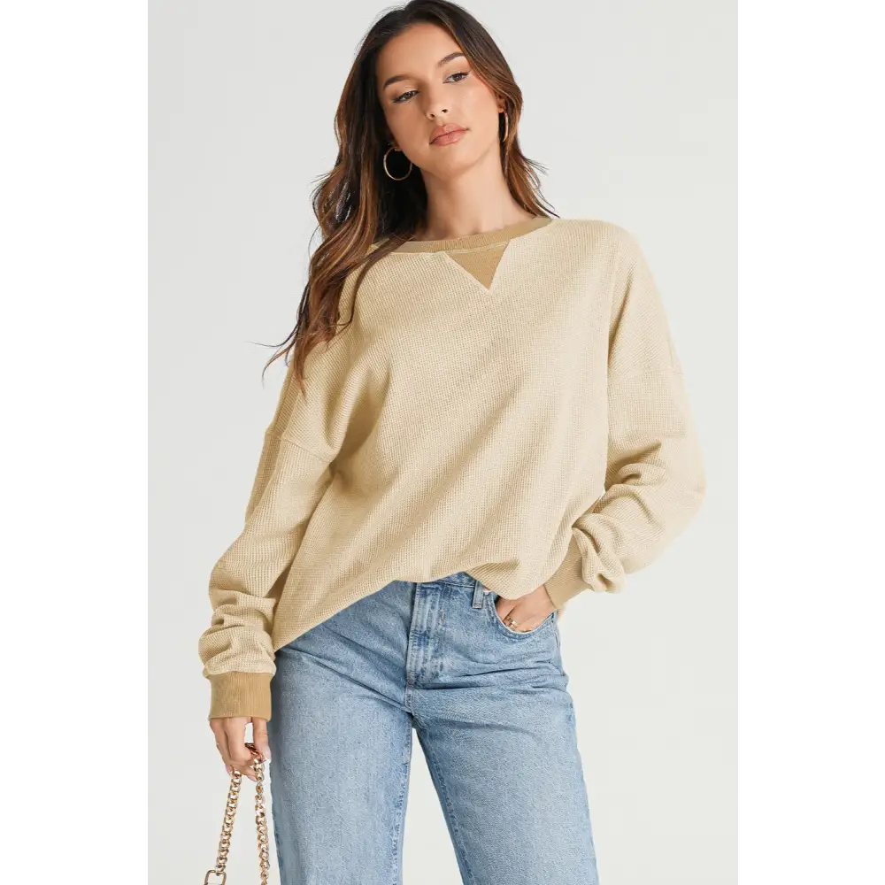 Elevate your wardrobe with this luxury fashion waffle-knit sweatshirt $27.99 this exquisite piece showcases a basic