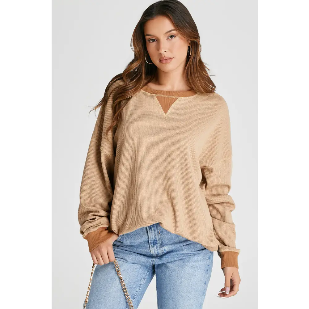 Elevate your wardrobe with this luxury fashion waffle-knit sweatshirt $27.99 this exquisite piece showcases a basic