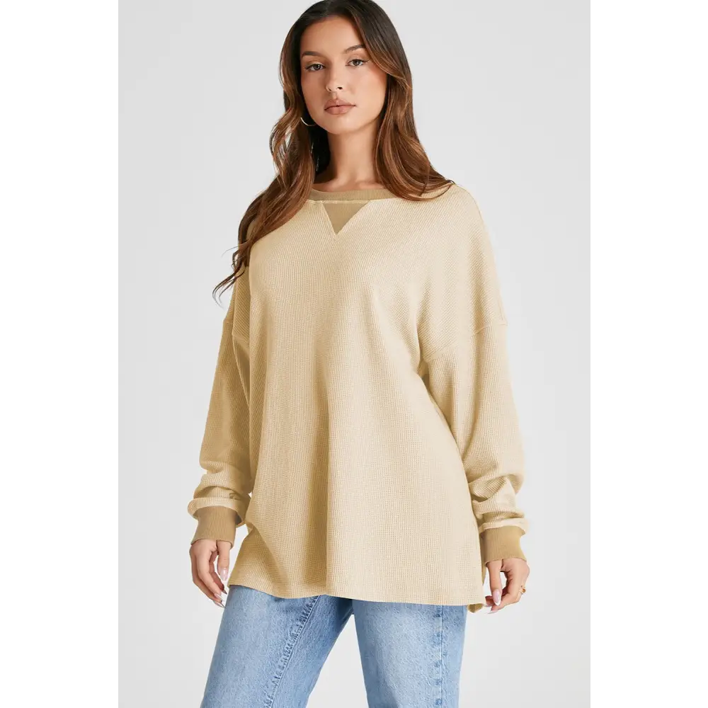 Elevate your wardrobe with this luxury fashion waffle-knit sweatshirt $27.99 this exquisite piece showcases a basic