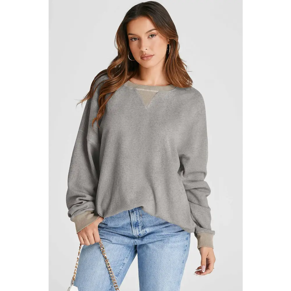 Elevate your wardrobe with this luxury fashion waffle-knit sweatshirt $27.99 this exquisite piece showcases a basic