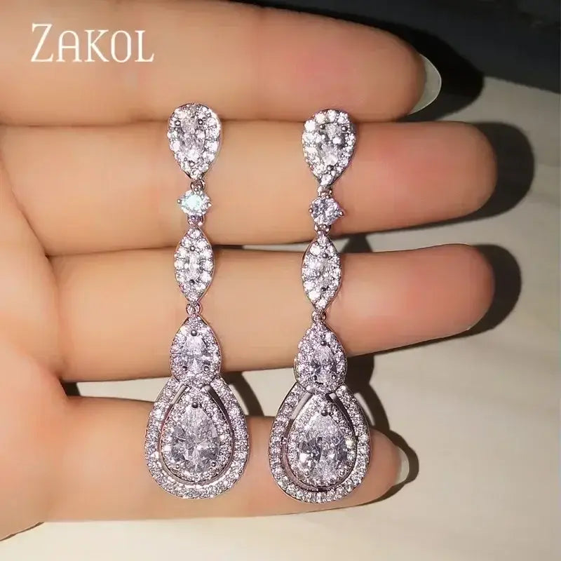 Water Drop Cubic Zircon long dangle earrings in silver tone with sparkling cubic zirconia stones forming water drop shapes