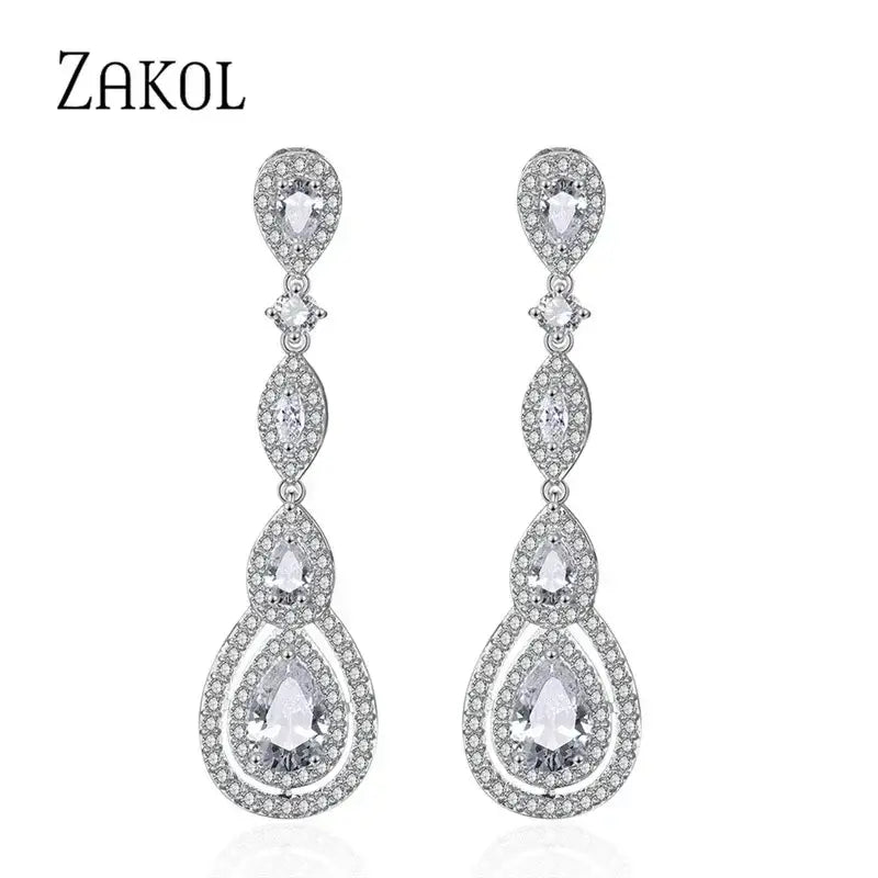Water Drop Cubic Zircon long dangle earrings in silver tone with intricate teardrop shapes and sparkling clear stones