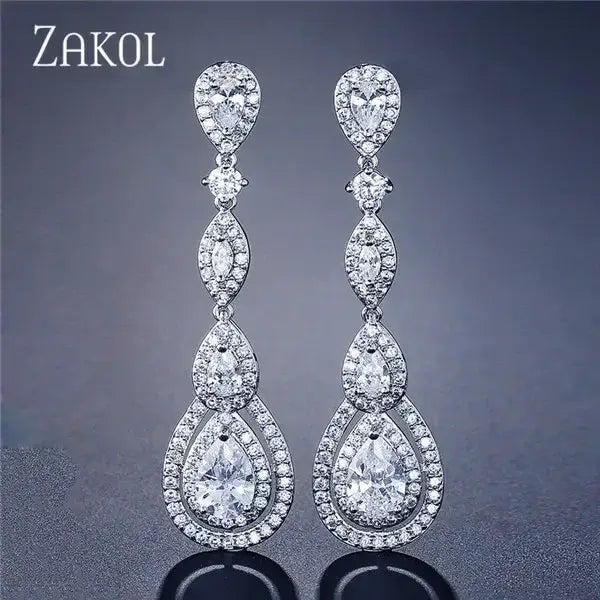 Water Drop Cubic Zircon long dangle earrings in silver tone featuring multiple sparkling zircon stones in a cascading teardrop design
