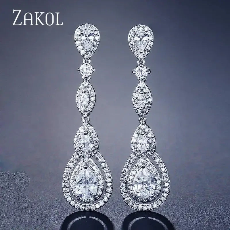 Water Drop Cubic Zircon long dangle earrings in silver-tone with multiple sparkling white cubic zircon stones in teardrop shapes