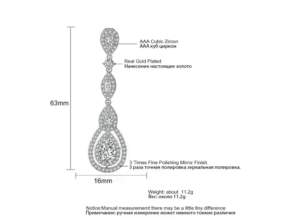 Water Drop Cubic Zircon long dangle earring in silver color with AAA cubic zircon stones and real gold plating