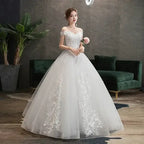 Wedding Dress 2024 white ball gown with off-the-shoulder short sleeves, V-neckline, lace appliques and embroidery, princess waist