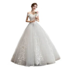 Wedding Dress 2024 white off the shoulder ball gown with V-neck, lace embroidery, floral appliques, and tulle fabric