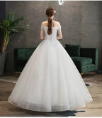 Wedding Dress 2024 white off the shoulder ball gown with lace up back in tulle and voile fabric, vintage style