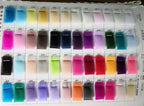 Wedding Dresses fabric swatches in various colors including blue, pink, black, purple, red, orange, and green arranged in rows on a display card