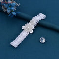 Wedding Garter Belt with white lace band and floral pearl crystal beaded decoration for bridal wear