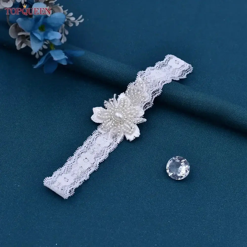 Wedding Garter Belt with white lace band and floral pearl crystal beaded decoration for bridal wear