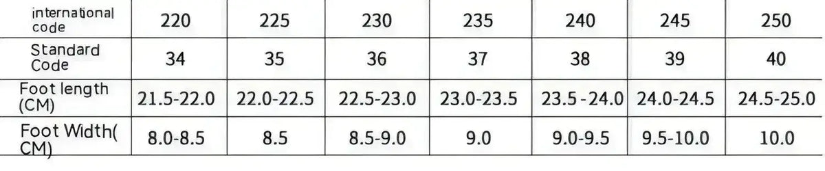 White Lace-Up Heels size chart displaying foot length and width measurements in cm and international codes