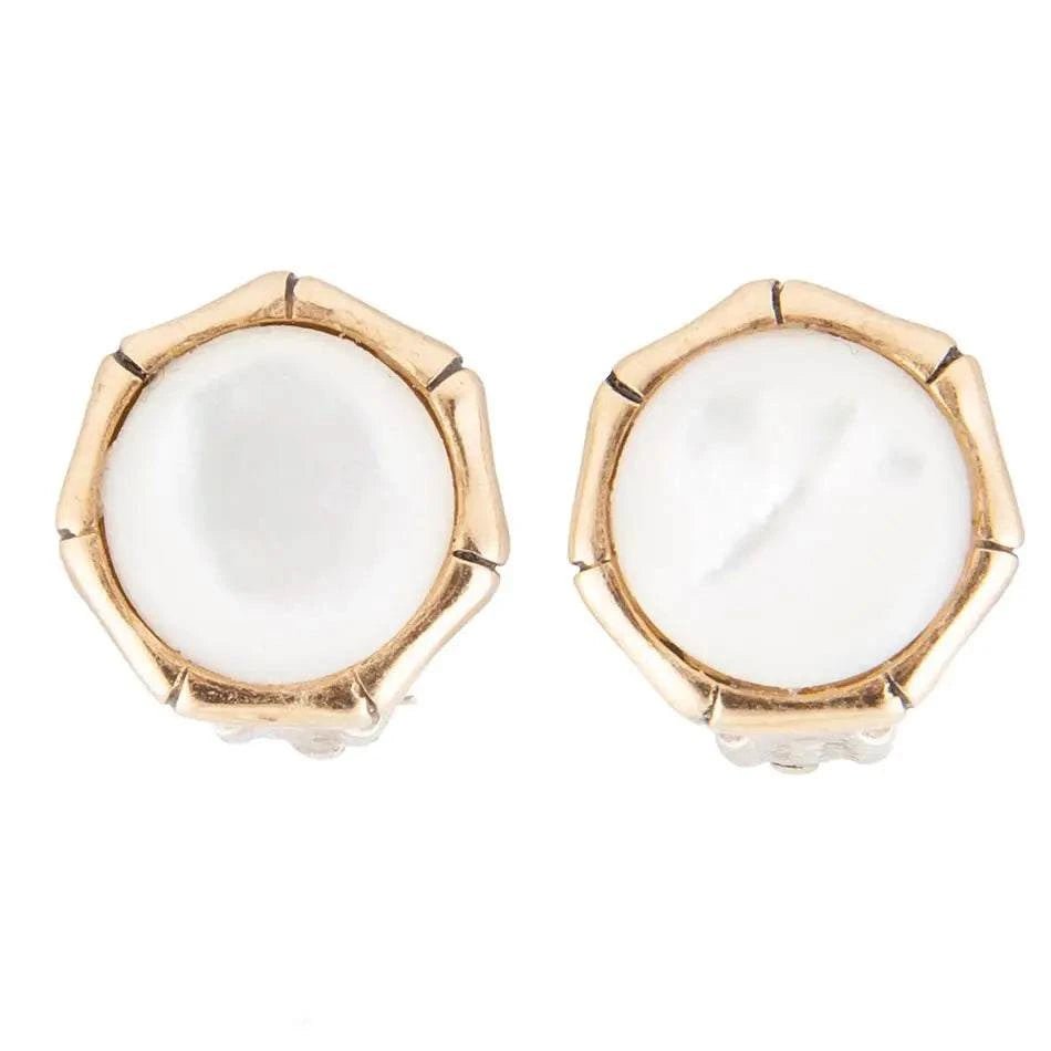 White Mother of Pearl Golden Bamboo Clip Earrings - Maven Couture IncEarrings