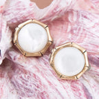 White Mother of Pearl Golden Bamboo Clip Earrings - Maven Couture IncEarrings