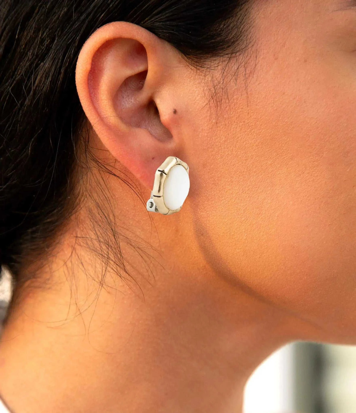 White Mother of Pearl Golden Bamboo Clip Earrings - Maven Couture IncEarrings