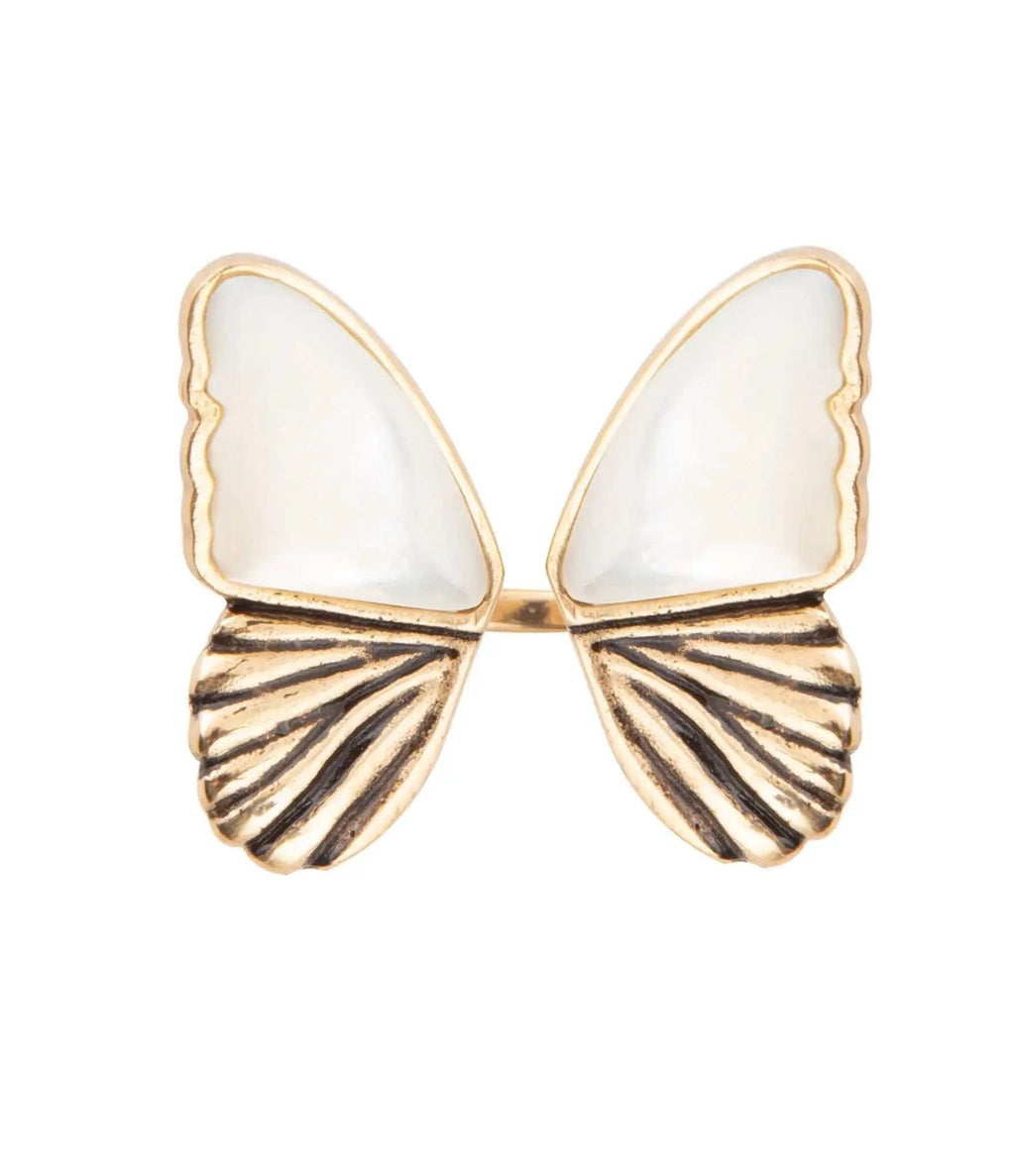White Mother of Pearl Golden Butterfly Statement Ring - Maven Couture IncRings