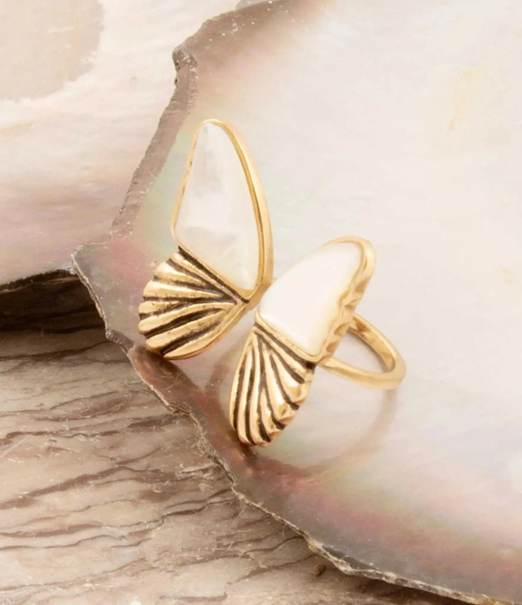 White Mother of Pearl Golden Butterfly Statement Ring - Maven Couture IncRings