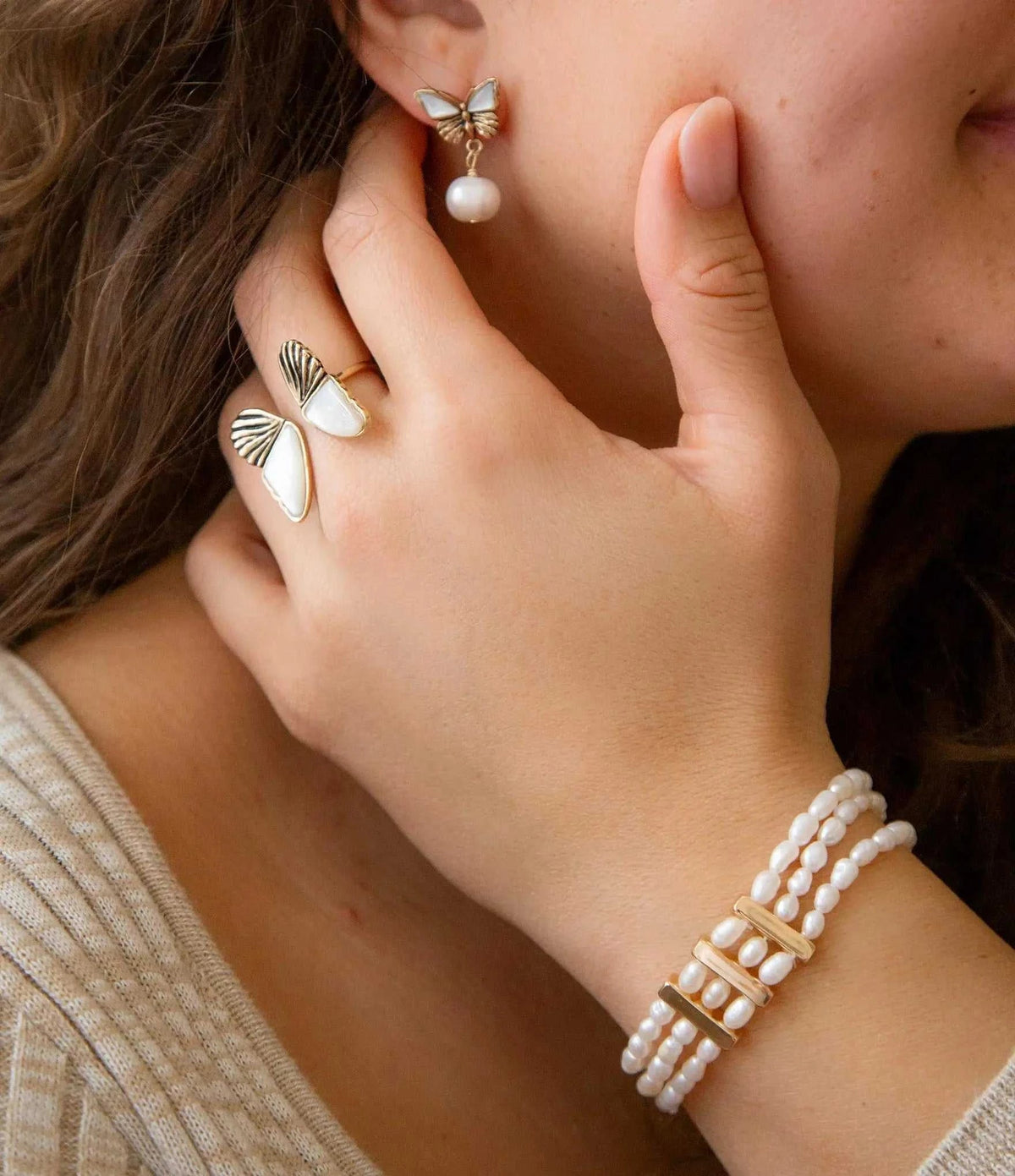 White Mother of Pearl Golden Butterfly Statement Ring - Maven Couture IncRings