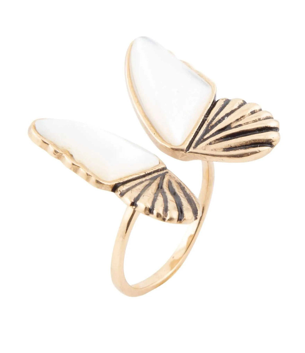 White Mother of Pearl Golden Butterfly Statement Ring - Maven Couture IncRings