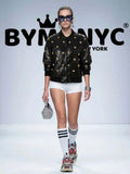 Women's Black Leather Bomber Jacket Gold Studded BYMANYC ® New York CONTEMPORARY VIBRANT MODERN OUTERWEAR - New Collection