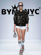 Women's Black Leather Bomber Jacket Gold Studded BYMANYC ® New York CONTEMPORARY VIBRANT MODERN OUTERWEAR - New Collection