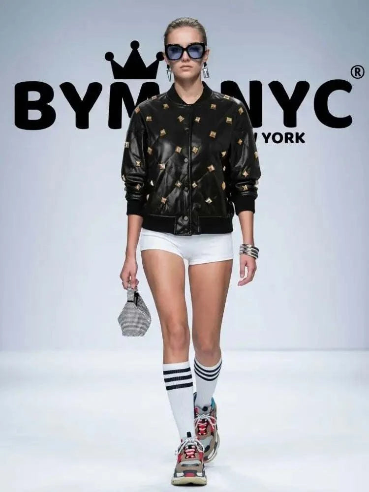 Women's Black Leather Bomber Jacket Gold Studded BYMANYC ® New York CONTEMPORARY VIBRANT MODERN OUTERWEAR - New Collection
