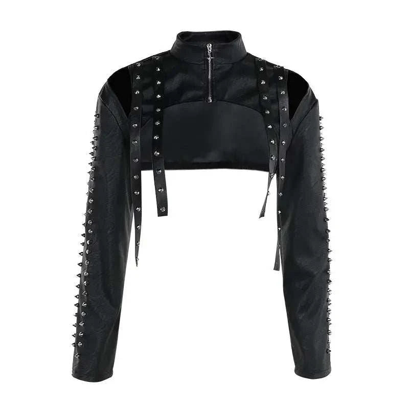Women's Black Leather Cropped Jacket Spiked Cutout BYMANYC ® New York CONTEMPORARY EDGY MODERN OUTERWEAR - New Collection