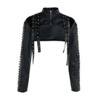 Women's Black Leather Cropped Jacket Spiked Cutout BYMANYC ® New York CONTEMPORARY EDGY MODERN OUTERWEAR - New Collection