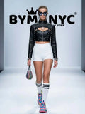 Women's Black Leather Cropped Jacket Spiked Cutout BYMANYC ® New York CONTEMPORARY EDGY MODERN OUTERWEAR - New Collection