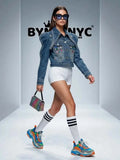 Women's Blue Denim Jacket Embellished Puff Sleeve BYMANYC ® New York CONTEMPORARY VIBRANT MODERN OUTERWEAR - New Collection