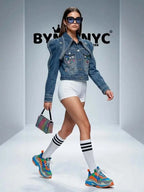 Women's Blue Denim Jacket Embellished Puff Sleeve BYMANYC ® New York CONTEMPORARY VIBRANT MODERN OUTERWEAR - New Collection