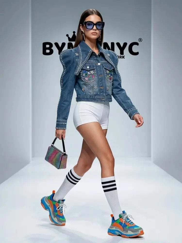 Women's Blue Denim Jacket Embellished Puff Sleeve BYMANYC ® New York CONTEMPORARY VIBRANT MODERN OUTERWEAR - New Collection