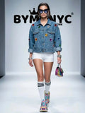 Women's Blue Denim Jacket Oversized Jewel Pearl Embellished BYMANYC ® New York CONTEMPORARY VIBRANT MODERN OUTERWEAR - New Collection