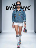 Women's Blue Denim Jacket Oversized Jewel Pearl Embellished BYMANYC ® New York CONTEMPORARY VIBRANT MODERN OUTERWEAR - New Collection